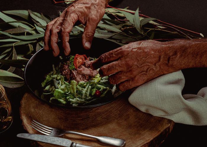 Midden by Mark Olive, Sydney Opera House - Credit: Midden by Mark Olive Smoked kangaroo salad with wattleseed and bush tomato by Midden by Mark Olive, Sydney Opera House